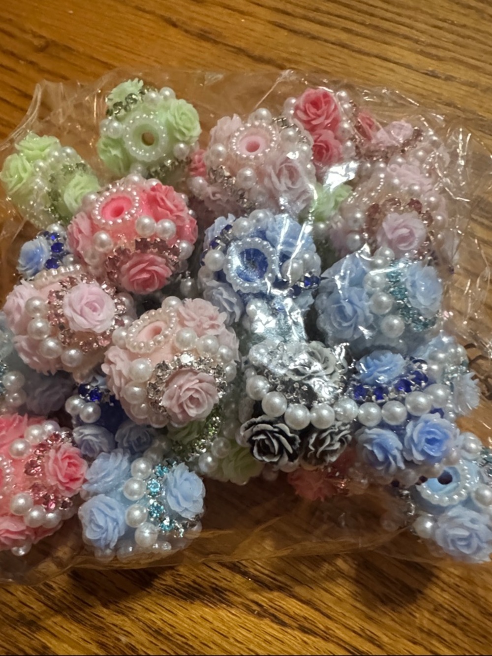 30 pieces Floral Resin Beads with Pearls and Rhinestones - Pastel Mix